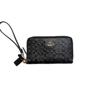 Coach black embossed leather double zipper clutch wristlet wallet